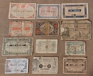 1910er-1920er Jahre FRANKREICH 12 Notgeldscheine WWi Notgeld 1 Franc 50 25 Cent Banknoten - Bild 1 von 2