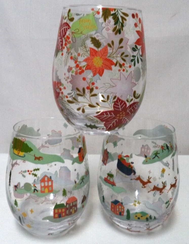 Torta de lama Natal Papai Noel Flores Poinsétia conjunto de taças de vinho sem haste 3 NOVO - Imagem 1 de 4