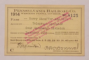 1914 PENNSYLVANIA RAILROAD OPERATOR CONEMAUGH DIVISION PASS / TICKET  - Picture 1 of 2