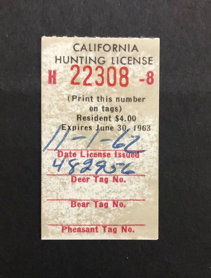 1963 California Resident Hunting Stamp License Permit Tag Deer Bear Pheasant - Image 1 of 1