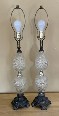 Pair Vintage Hollywood Regency Crystal Diamond Cut Table Lamps Ornate Brass Base - Image 1 of 4