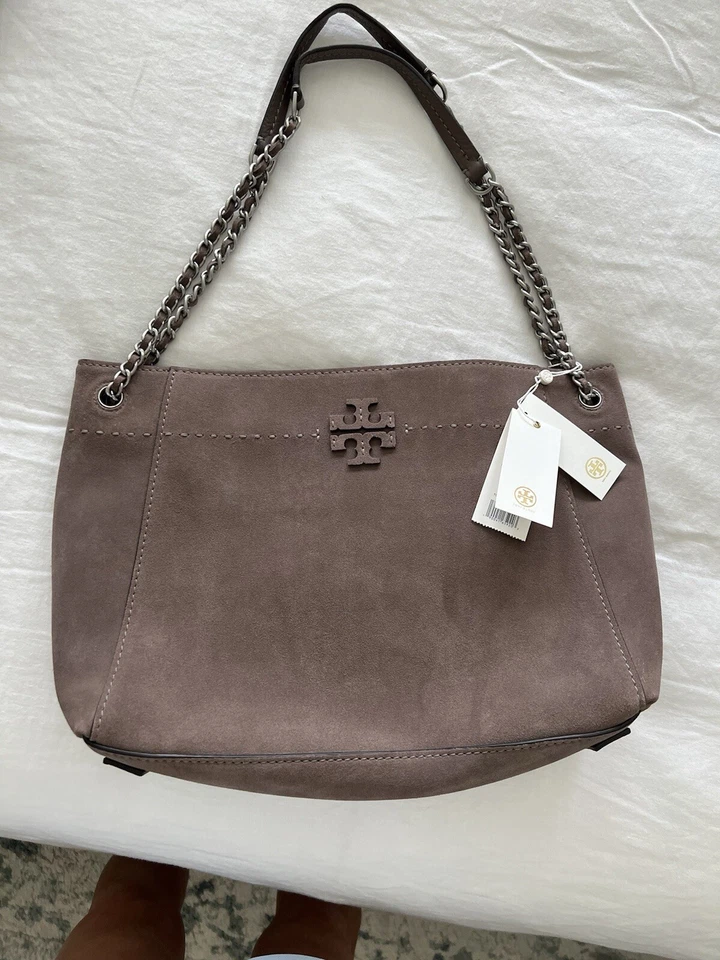 Tory Burch MCGRAW GAMUZA CADENA-HOMBRO HOLGADO BOLSO TOTE- Plateado Arce- Talla OS Foto 1 de 4