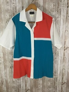 80's Vtg BonWorth Womens M Teal Red Short Sleeve Button Down Top Light Weight - Picture 1 of 5