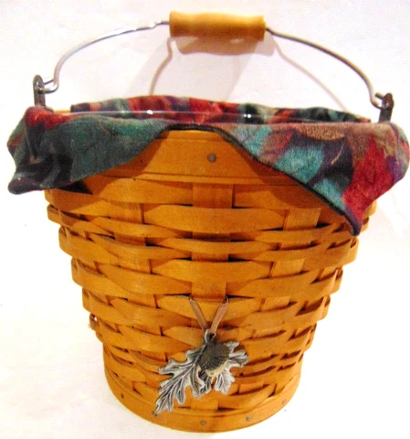 2002 Longaberger Acorn Basket Combo Liner w Protector & Pewter Tie On & Handle Cover