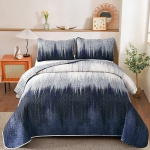 Soft Blue Checked Bedspread Set Coverlet Quilted Queen King Size Bed Pillowcase - Picture 1 of 14