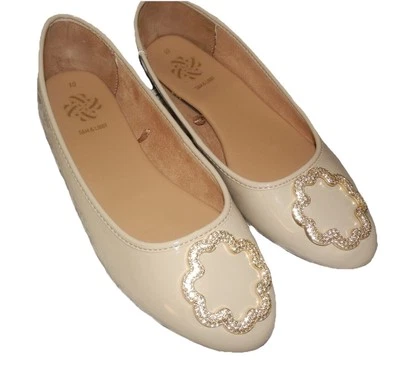 NICE Womens 10 SAM & LIBBY Beige Patent Ballet FLATS Shoes Gold Toe Decoration - Image 1 of 4