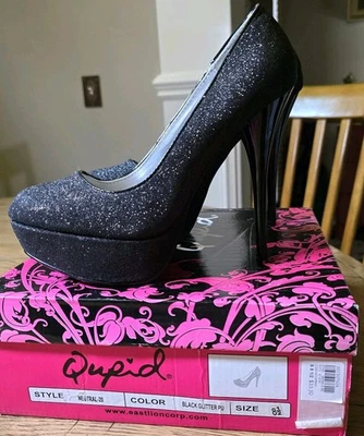 Qupid Black Glitter Platform Pumps Stiletto Heels Party Evening Shoes Size 8.5 - Image 1 of 4