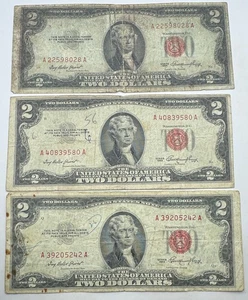 1953 x 3 Red Seal $2 Two Dollar Bill - 2 Dollar Cull Notes - Banknote - Picture 1 of 2