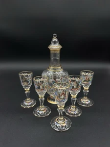 Signed J & L Lobmeyr 6 Piece Hand Painted Crystal Liqueur Set - Picture 1 of 10