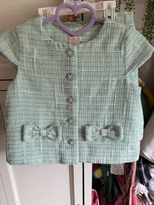 Conjunto de traje falda de 3 piezas de tweed Bouclé verde menta de Rachel Zoe incluye bolso a juego - Imagen 1 de 24