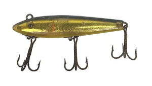Señuelo de pesca Minnow oro amarillo gris ojos abultados abrigo acrílico 3,5 pulgadas vintage  - Imagen 1 de 12