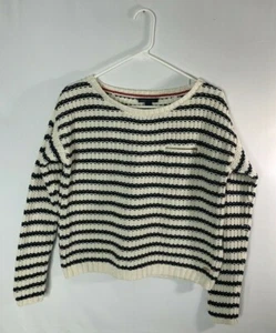 Tommy Hilfiger women's size S/P cotton heavy sweater navy & ivory stripes - Picture 1 of 5