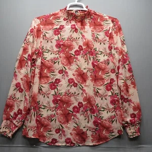 WOMEN'S TORRID SIZE M/L PINK FLORAL LONG SLEEVE SEMI SHEER HIGH NECK BLOUSE - Picture 1 of 11