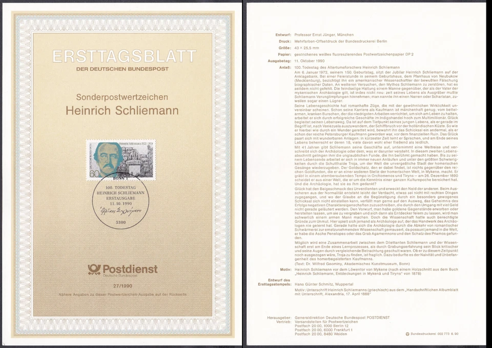 GERMANY 1990 First Day Card Michel 1480 ETB Sheet - Heinrich Schliemann - Image 1 of 1