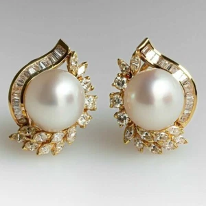 4 CT Lab Created Round Cut Pearl Omega Back Stud Earring 14K Yellow Gold Plated - Picture 1 of 6