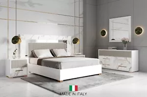 MADE IN ITALY 4PC LED Queen King Contemporary White Bedroom with Stone Front - Picture 1 of 8