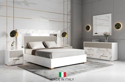 HECHO EN ITALIA 4 PIEZAS LED Queen King Contemporáneo Dormitorio Blanco con Frente de Piedra Foto 1 de 4