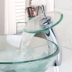 Grifo cromado cascada baño lavabo fregadero vidrio templado mezclador grifo de una manija - Imagen 1 de 9