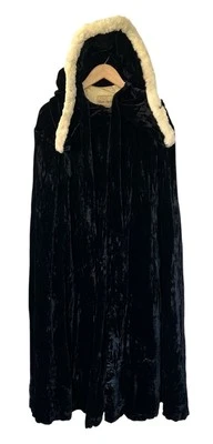 Vintage 1940s Black Crushed Velvet Fur Trim Hooded Cape Vintage Union Made Goth - Image 1 of 4