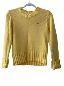 Vintage Tommy Hilfiger Womens Sweater Yellow V-Neck Cotton Knit Logo Y2K Small - Picture 1 of 6