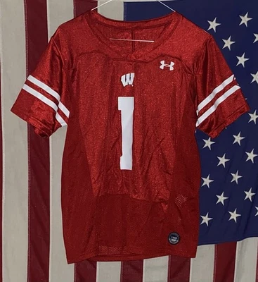 Camiseta de fútbol Under Armour Wisconsin Badgers #1 juvenil mediana roja NCAA NUEVA SIN ETIQUETAS Foto 1 de 2