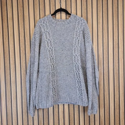 Handmade Jumper Mens Large Grey Cable Knit Chunky Wool - Image 1 of 4