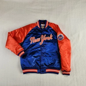 New York Cooperstown Mitchell & Ness Royal Blue Orange Satin Jacket Coat Men's L - Picture 1 of 13