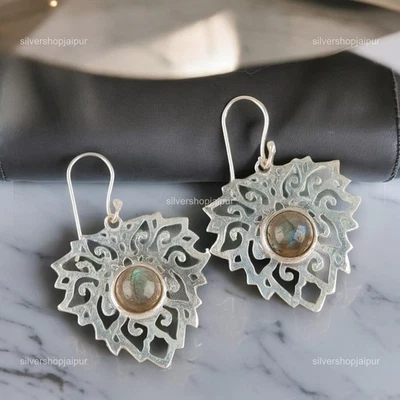 Oferta del Día de las Hermanas 925 Plata Labradorita Piedras Preciosas Esposa Gancho Pendientes Colgantes Foto 1 de 4