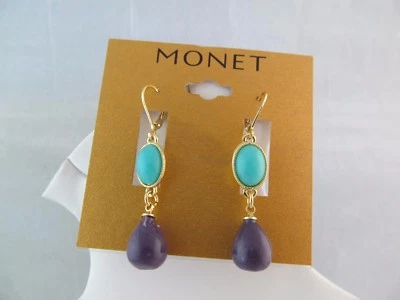 Новый с Ярлыками MONET золото с фиолетовый и синий двойной подвеской серьги, блестящий, подписанный - Изображение 1 из 4