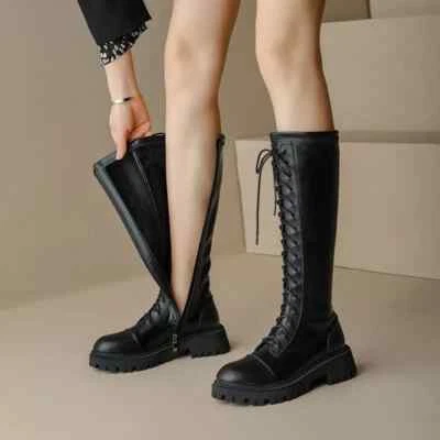 Stivali Scarpe Anfibi Alti tacco 5 Nero Lacci Platform Pelle Sintetica 39770 - Immagine 1 di 4