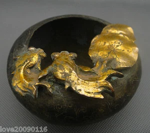 Collectible China Old Handwork Bronze Carved Goldfish lotus leaf Ashtray Pot - Picture 1 of 11