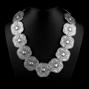 Hippie Mittelalter Statement Metall Kette Blumen Ethno Silber Schmuck Halskette - Picture 1 of 9