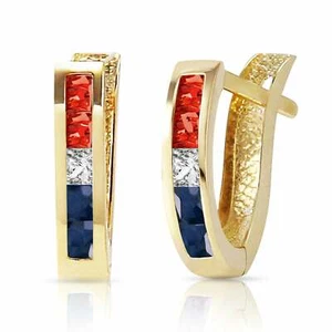 1.28 Carat 14K Solid Yellow Gold Princess Tri Gem Hoop Gemstone Earrings - Picture 1 of 4
