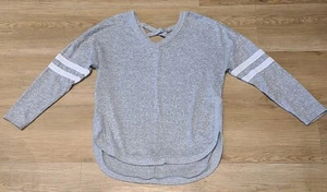NO BOUNDARIES Long Sleeved Tunic Top. Light Gray, White Stripe Sleeves. V Neck. - Picture 1 of 3