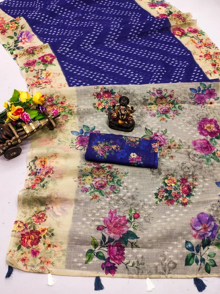 Impresionante look suave tela de lino sari con blusa para mujer y niña Foto 1 de 1