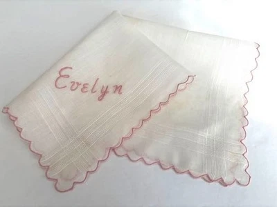 VINTAGE HANKY 1950s LOVELY PINK EMBROIDERY ON WHITE MONOGRAM EVELYN SCALLOPED - Image 1 of 3