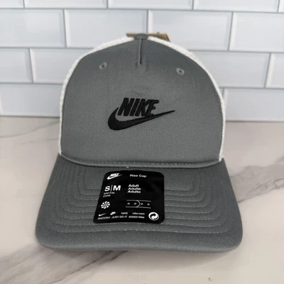 Nike Hat Cap Snap Back Mens S/M Gray White Trucker Mesh Embroidered Swoosh Rise - Image 1 of 4
