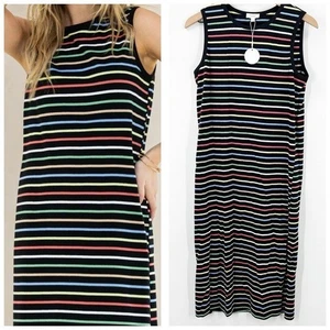 Robe débardeur midi rayée bizarre rayures 100% coton taille M modeste - Photo 1/8