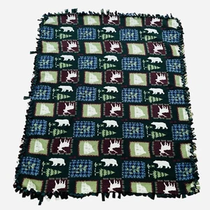 Handmade Fleece Blanket Hand Tied Large Throw 59"x45" Log Cabin Bears Deer Bucks - Picture 1 of 6