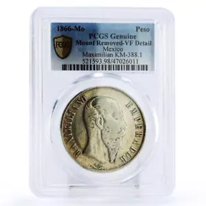 Mexico 1 peso Maximiliano I Mount Removed VF Detail PCGS silver coin 1866 - Picture 1 of 4