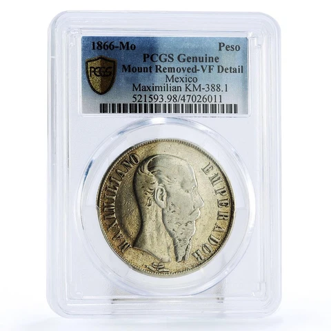 Mexico 1 peso Maximiliano I Mount Removed VF Detail PCGS silver coin 1866 Cover