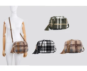 Women Wool Fur Cross Body Bag Ladies Smart check Small Messenger Shoulder Bag - Picture 1 of 8