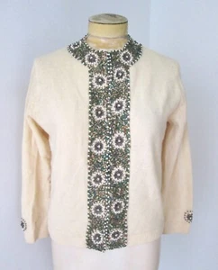 Vtg 50's cream angora cashmere cardigan pinup sweater peacock beads pearls M - Picture 1 of 7
