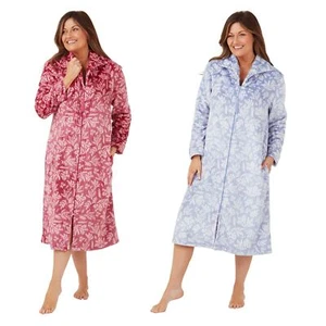 Ladies  Zip Through Fleece Housecoat Floral Dressing Gown Womens Zipped Robe - Picture 1 of 5