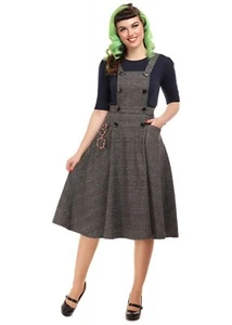 Collectif Brenda Librarian Check 40's Pinafore Dress Grey UK Size 14 BNWT - Picture 1 of 5