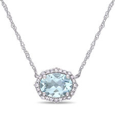 Amour 10k White Gold Aquamarine and 1/10CT TDW Diamond Halo Necklace