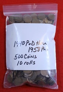 1940-PD thru 1958-PD Lincoln Wheat Cent Penny 500 Coins 10 rolls Circulated Coin - Picture 1 of 3