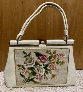 Vintage Needlepoint Floral Ivory Bone Croco Vinyl Handbag Bag Purse - Picture 1 of 5