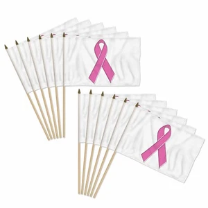 Set of 12pc Pink Ribbon (White) 12x18in Handheld Flags Breast Cancer Stick Flags - Picture 1 of 2