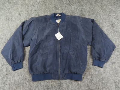 Vintage Summa Jacket Mens Small Navy Blue 100% Silk Bomber Coat Shoulder Pads - Image 1 of 4